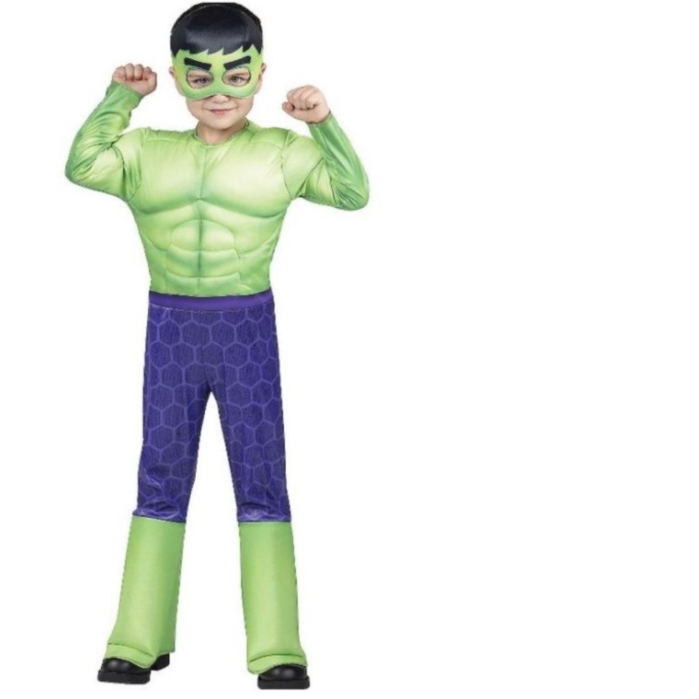 Boys The Hulk Marvel Green Muscle Jumpsuit & Mask 2 Pc Halloween Costume- 3T/4T